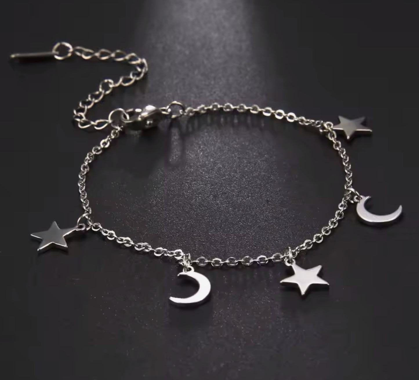 Moon & Star Bangle Charm Bracelet - Adjustable Size Silver Stainless Steel