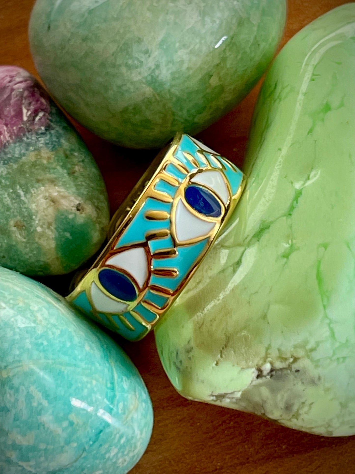 Evil Eye Adjustable Ring w/ Turquoise Enamel Inlay