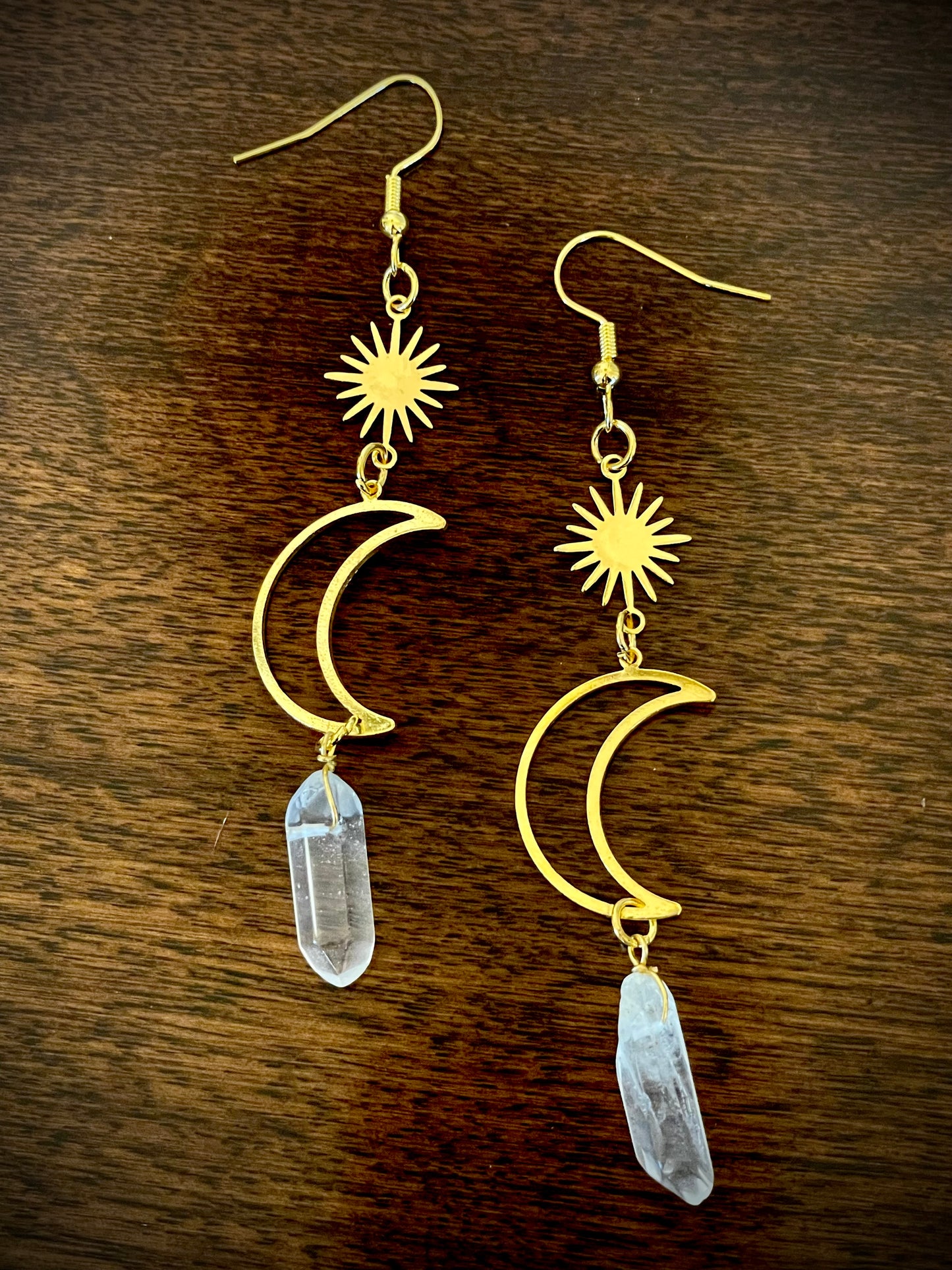 Crescent Moon and Sun with Quarts Earrings