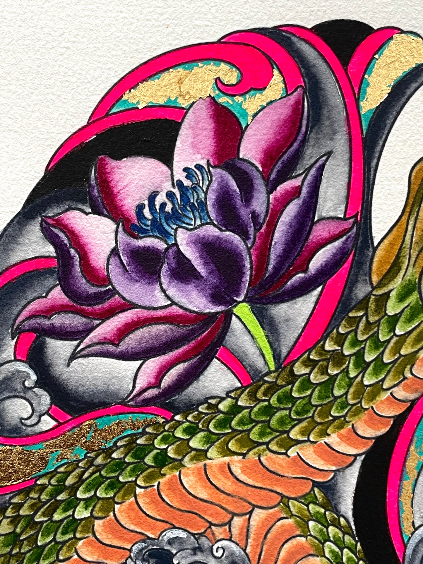 Snake and Lotus - 9x12 Mixed Media with Gold Leaf on Paper