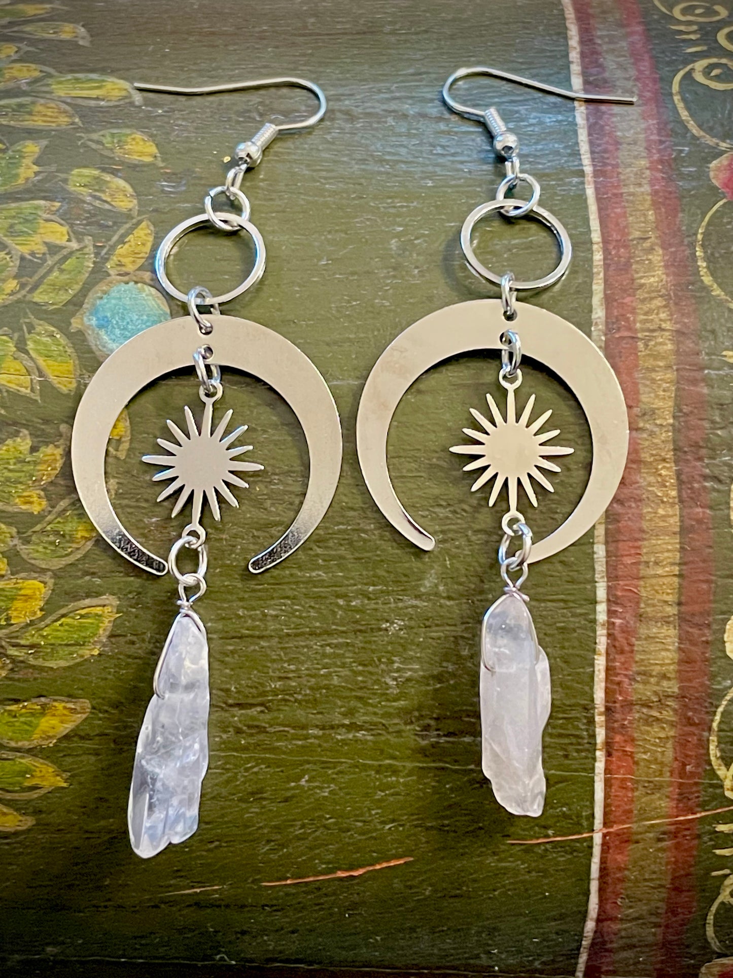 Silver Moon and Star Quartz Earrings