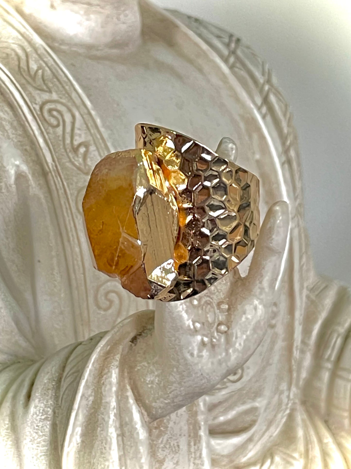 Natural Raw unpolished Citrine on Hammered Gold band Ring