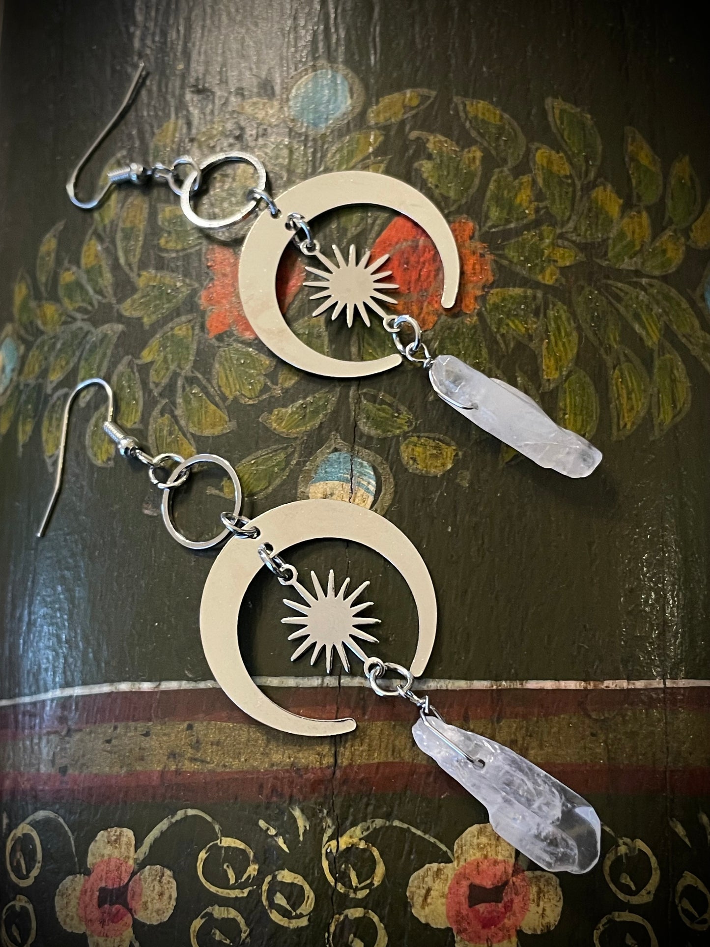 Silver Moon and Star Quartz Earrings