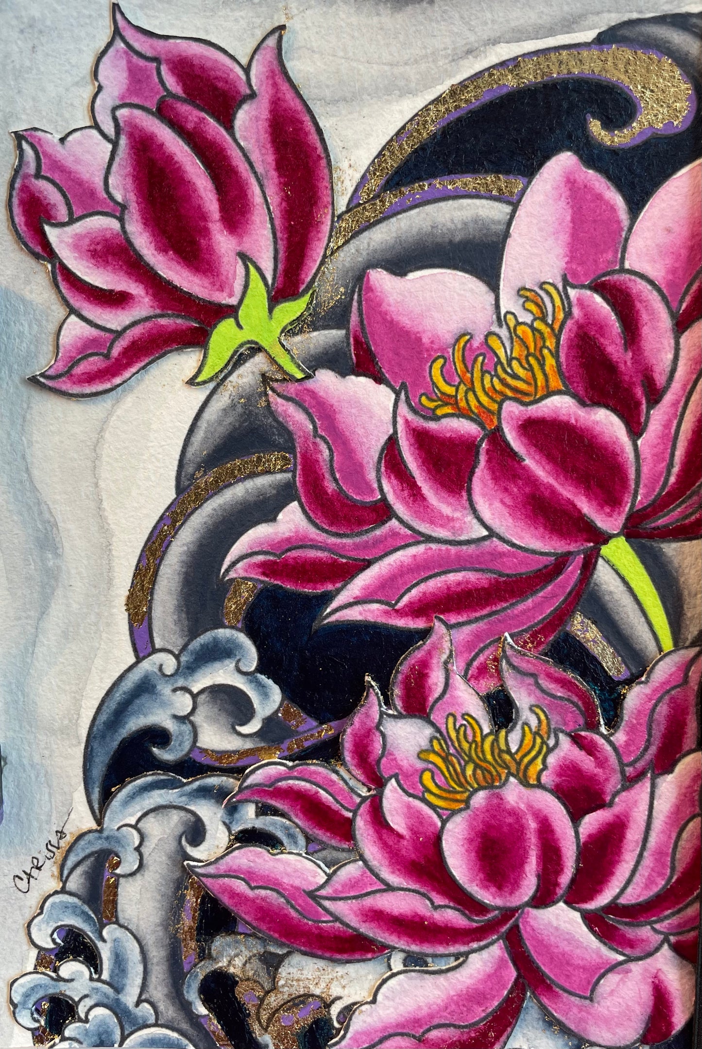 5x7 mixed media lotus flower painting framed with gold skulls