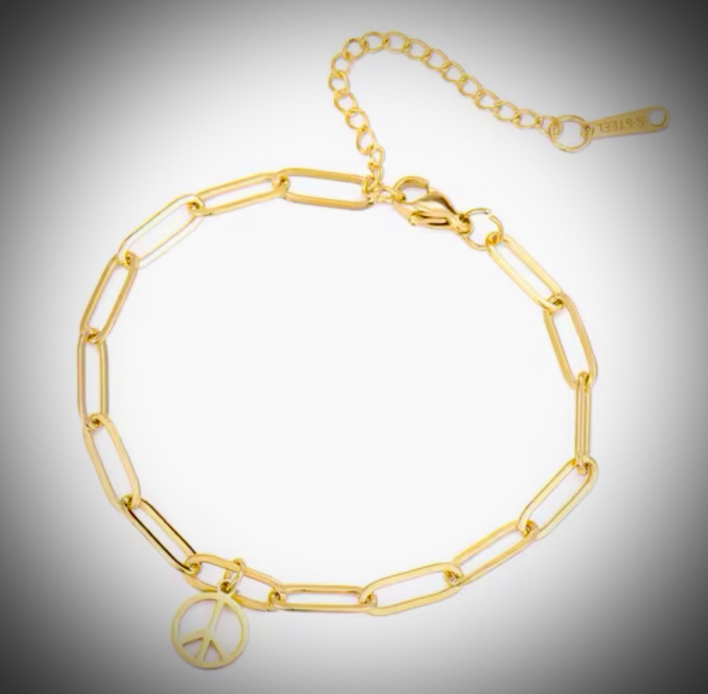 Peace Sign Bangle Charm Link Bracelet in Gold