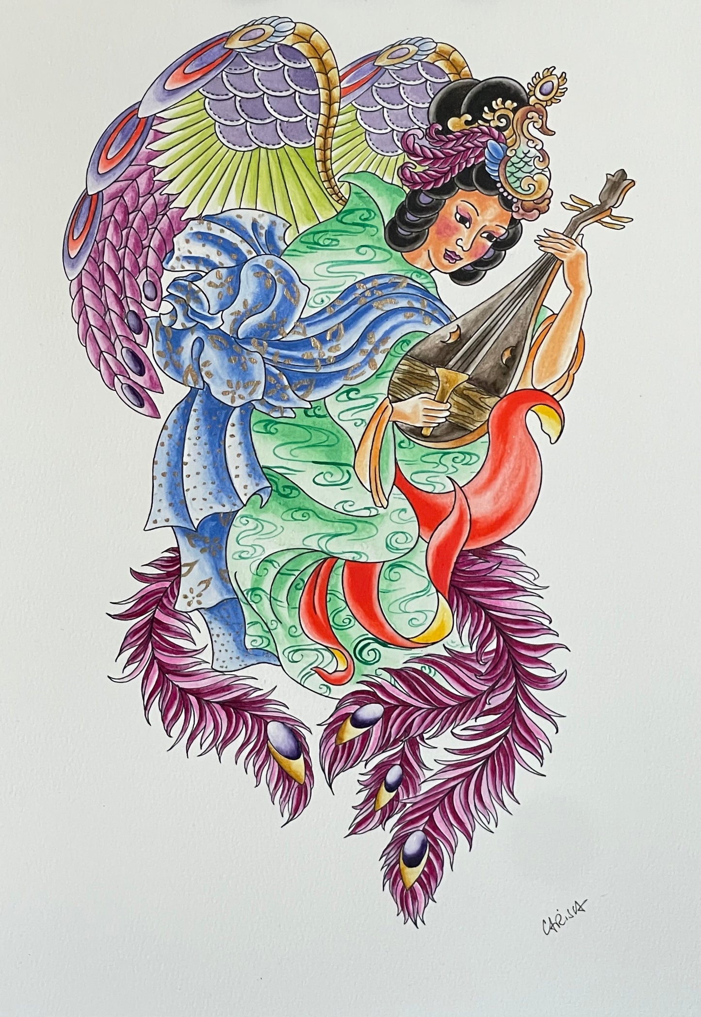 Benzaiten - 15x10 Mixed Media painting on paper