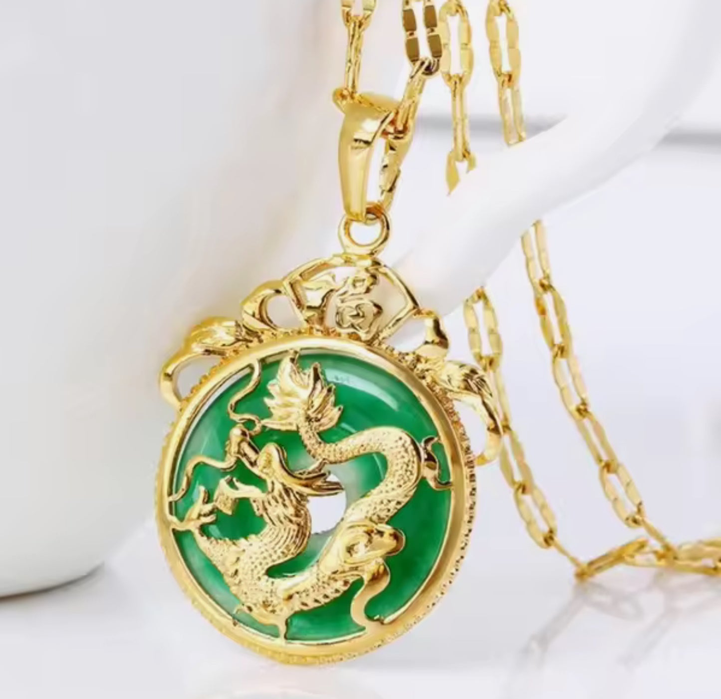 Gold Dragon Necklace w/ Green or Cream Colored Jade