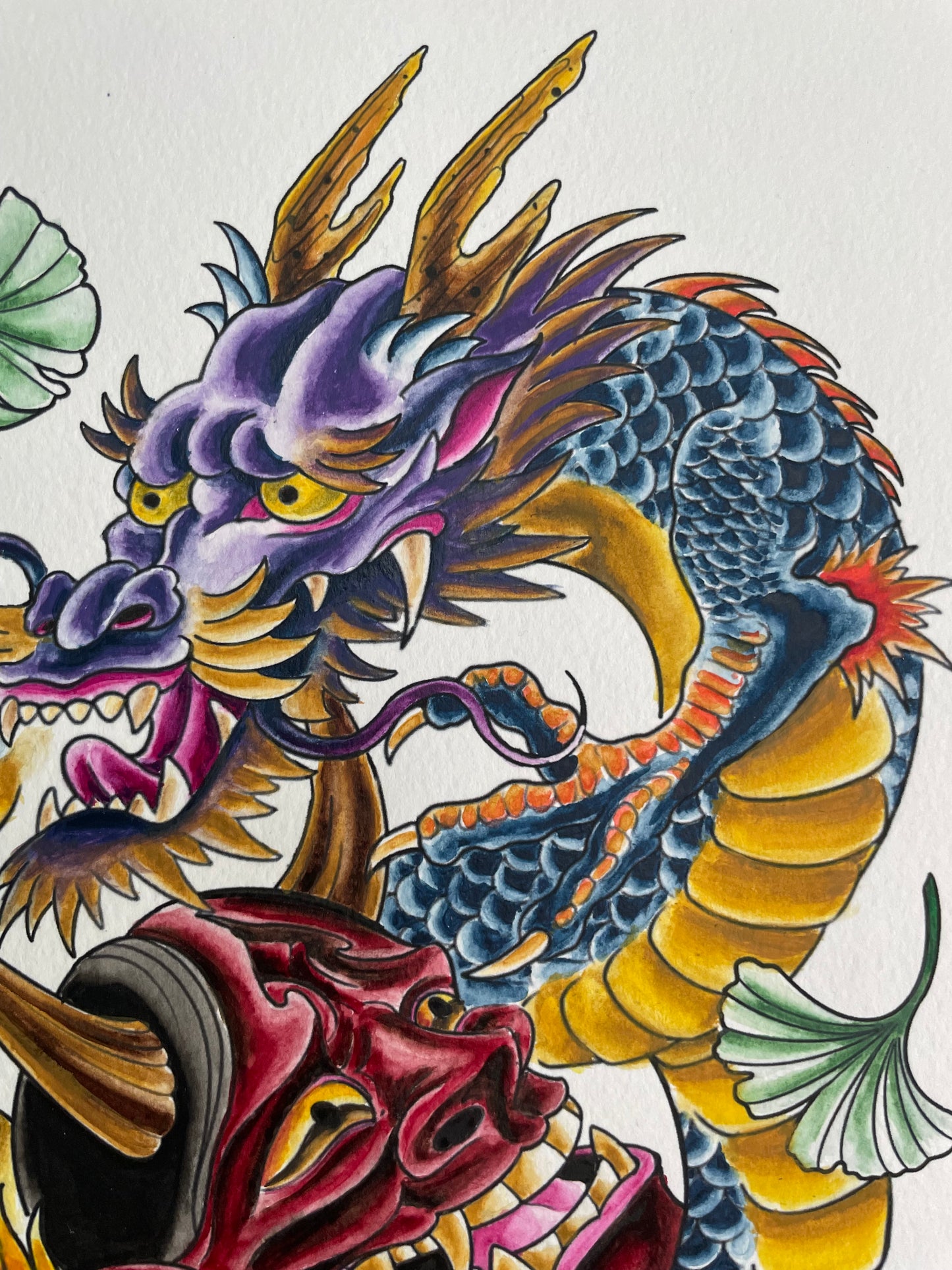 Dragon and Hannya Mask with Ginko Leaves Original Watercolor Painting 9x12