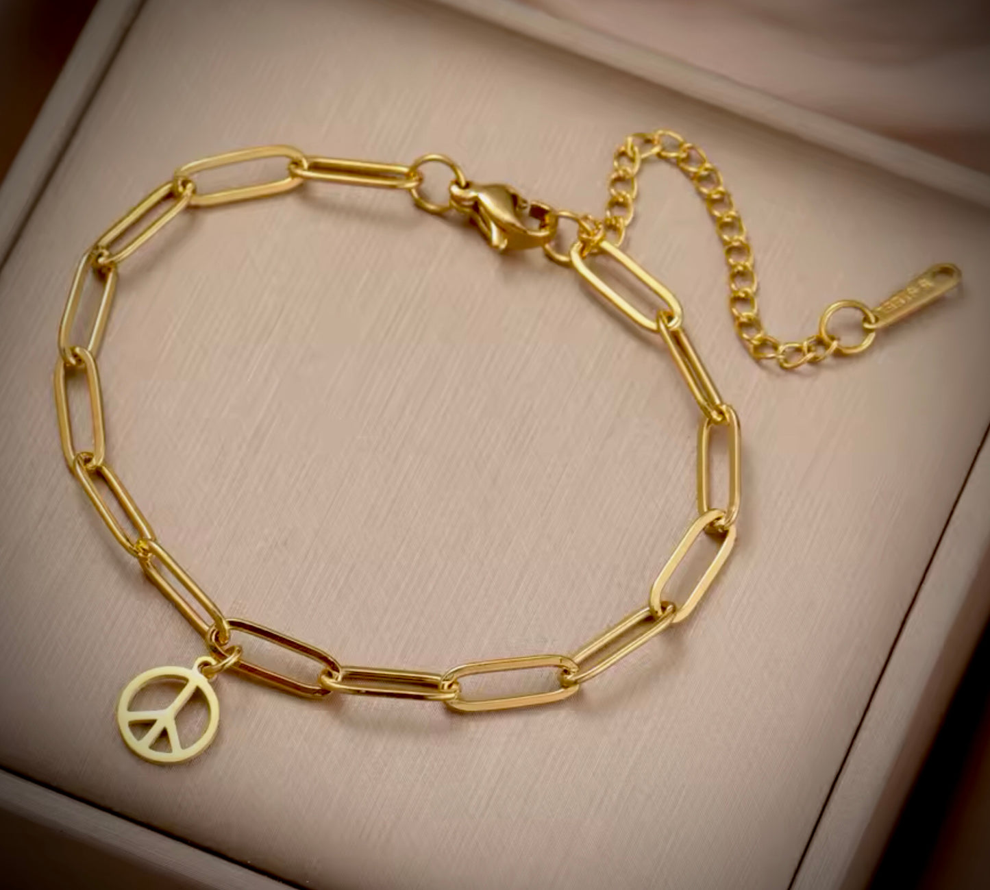 Peace Sign Bangle Charm Link Bracelet in Gold