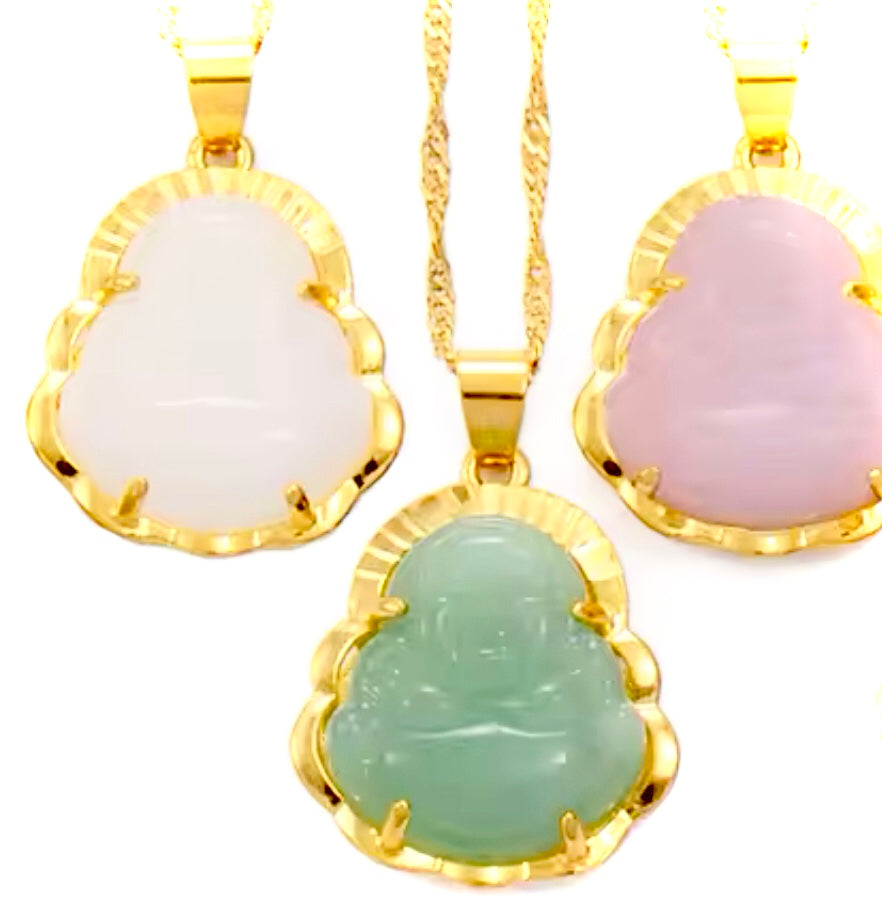 Lucky Buddha Necklace - Pink, White or Green with Gold