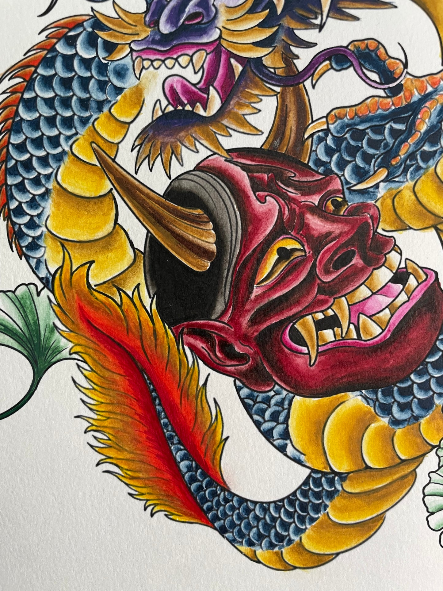 Dragon and Hannya Mask with Ginko Leaves Original Watercolor Painting 9x12