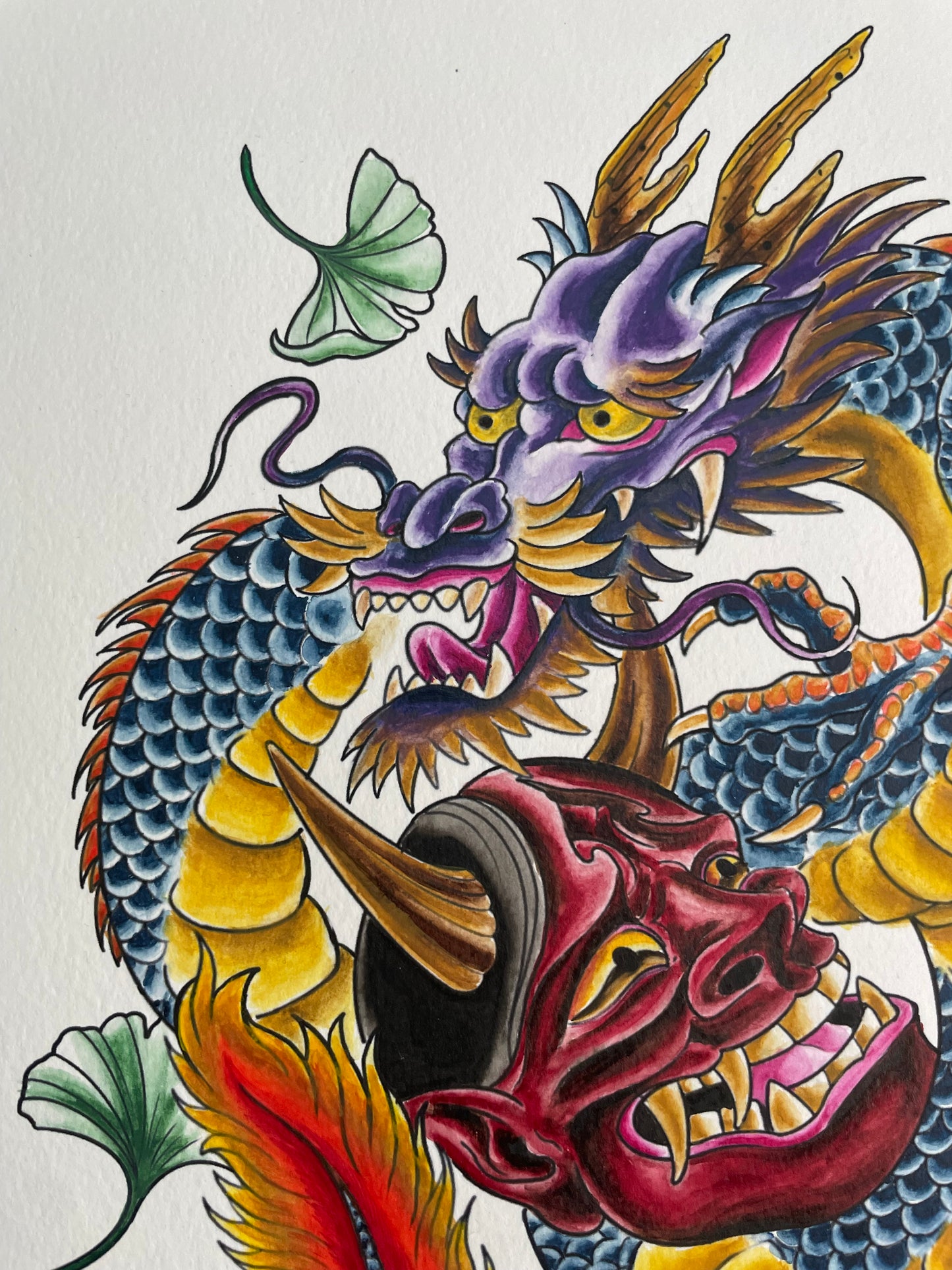 Dragon and Hannya Mask with Ginko Leaves Original Watercolor Painting 9x12
