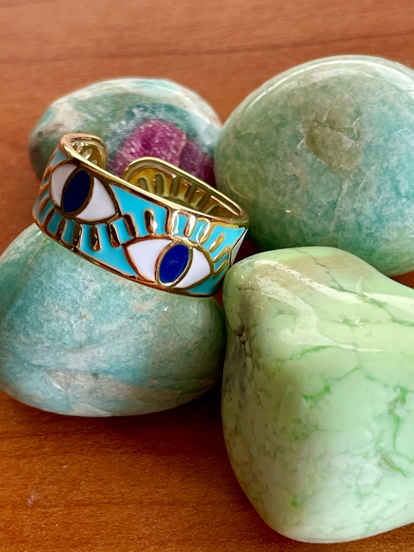 Evil Eye Adjustable Ring w/ Turquoise Enamel Inlay