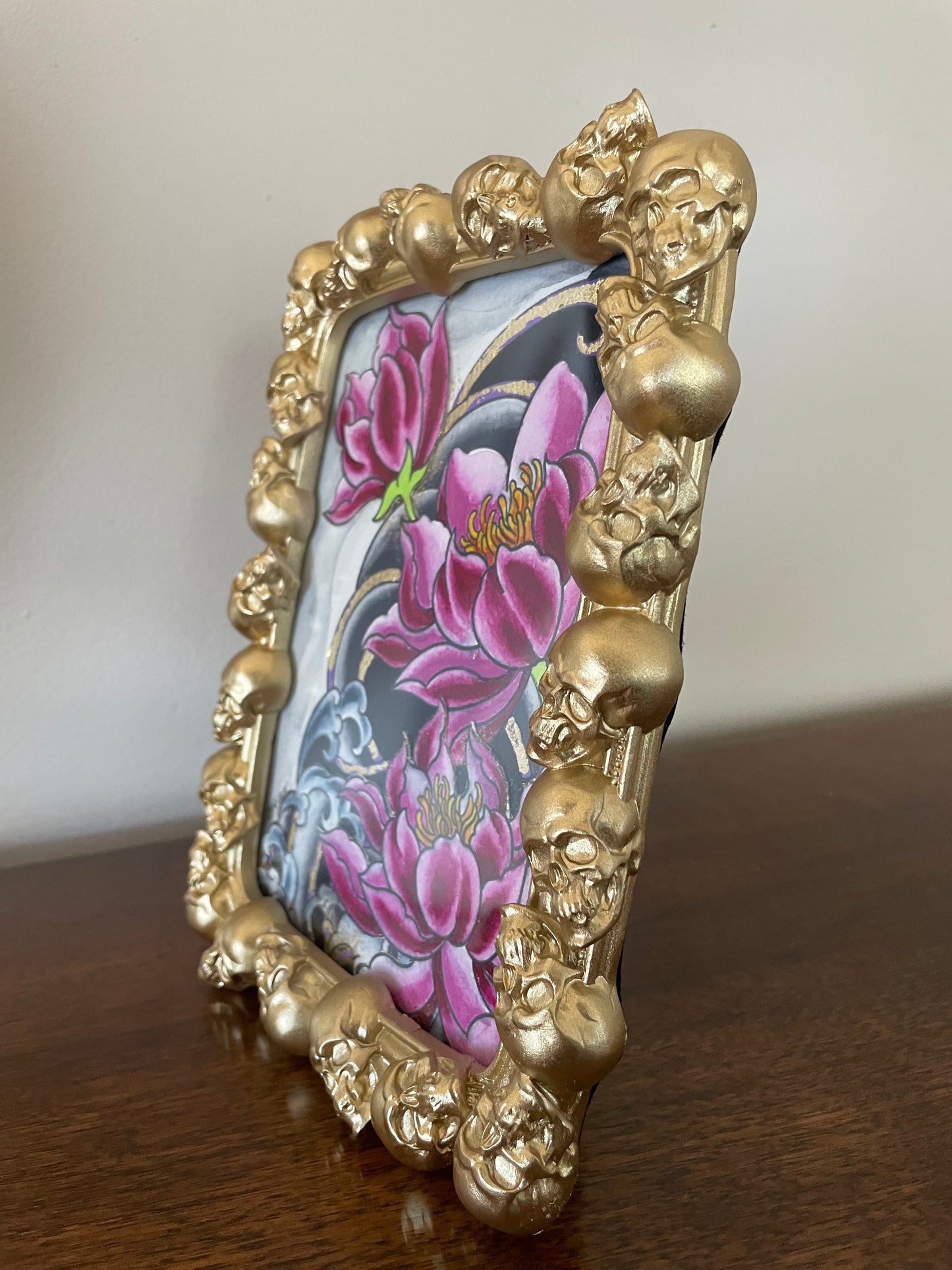 5x7 mixed media lotus flower painting framed with gold skulls