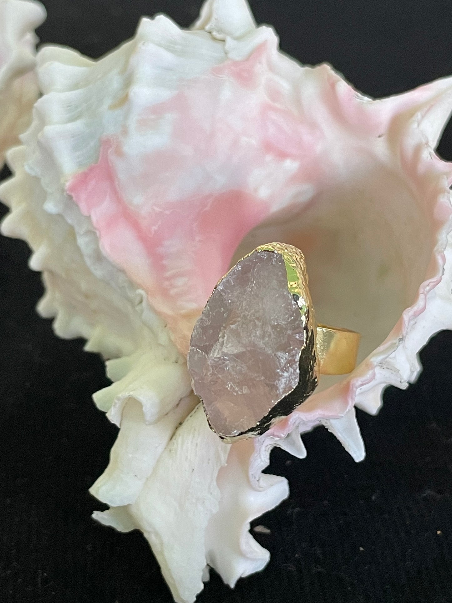 Natural White Quartz Crystal Cluster Ring with Gold Plated Stainless Steel