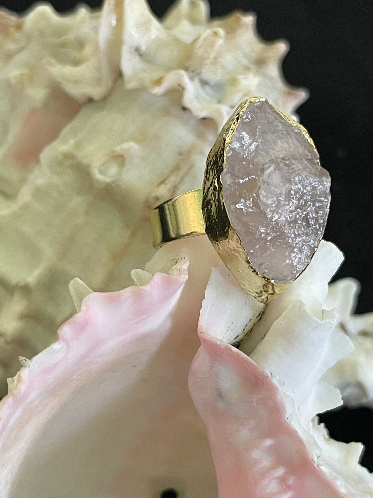Natural White Quartz Crystal Cluster Ring with Gold Plated Stainless Steel