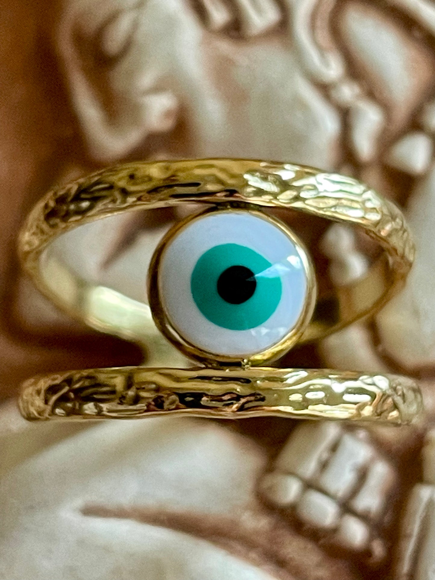 Evil Eye adjustable size stainless steel gold plated ring