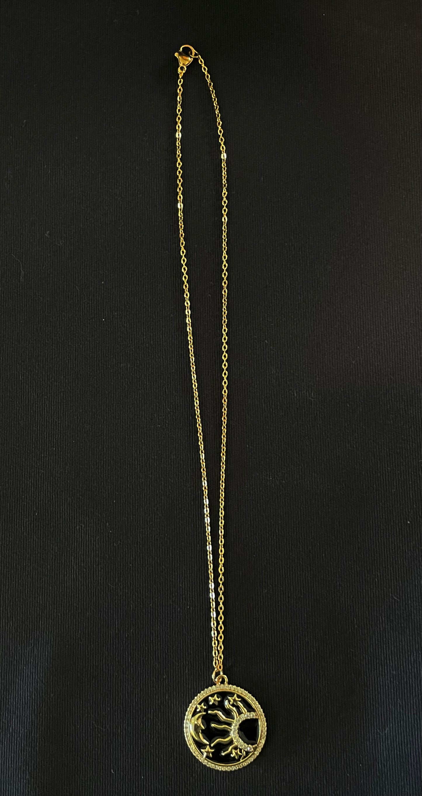 Blk & Gold w/ White Rhinestone Sun, Moon & Stars \ Pendant on Chain