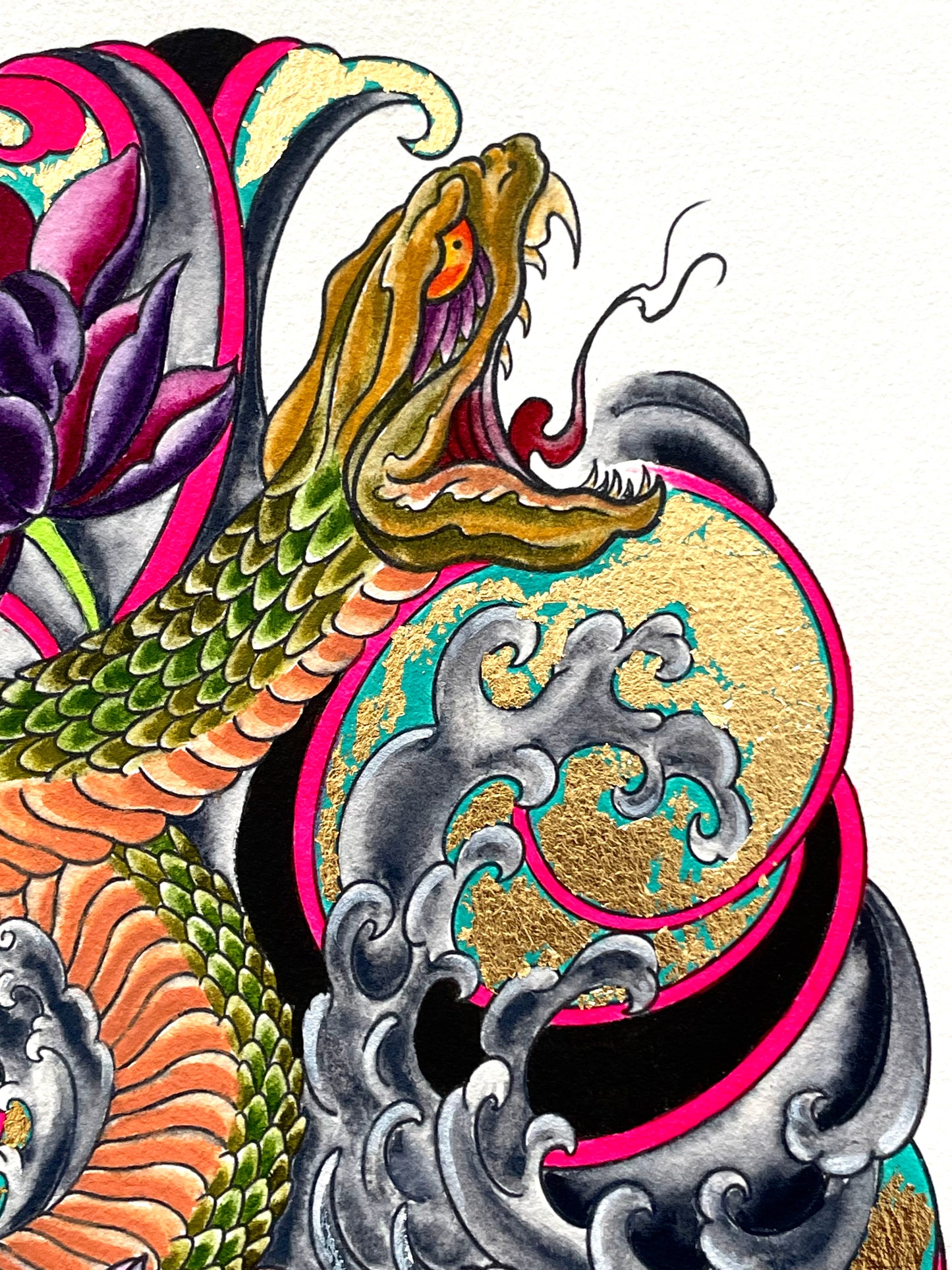Snake and Lotus - 9x12 Mixed Media with Gold Leaf on Paper