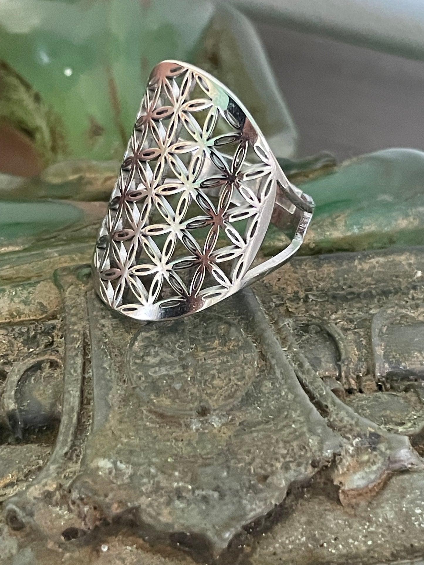 Shiney Silver Stainless Steel Flower of Life Ring