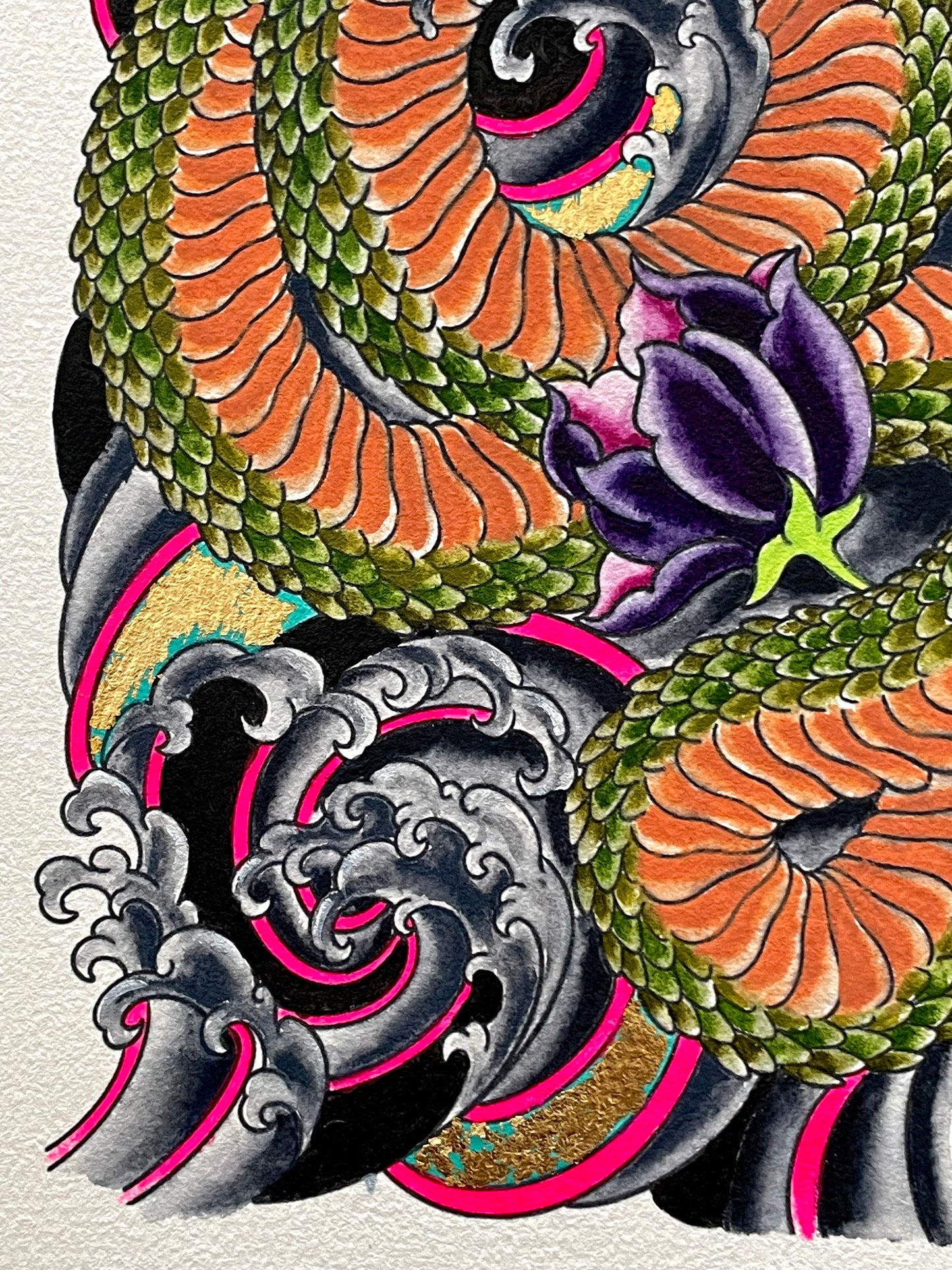 Snake and Lotus - 9x12 Mixed Media with Gold Leaf on Paper