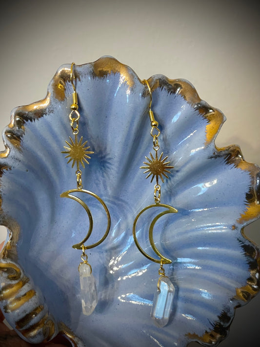 Crescent Moon and Sun with Quarts Earrings