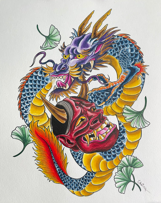 Dragon and Hannya Mask with Ginko Leaves Original Watercolor Painting 9x12