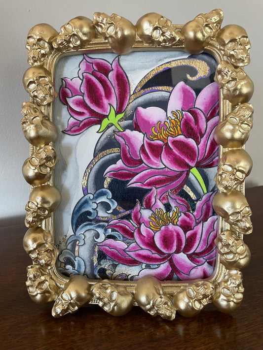 5x7 mixed media lotus flower painting framed with gold skulls