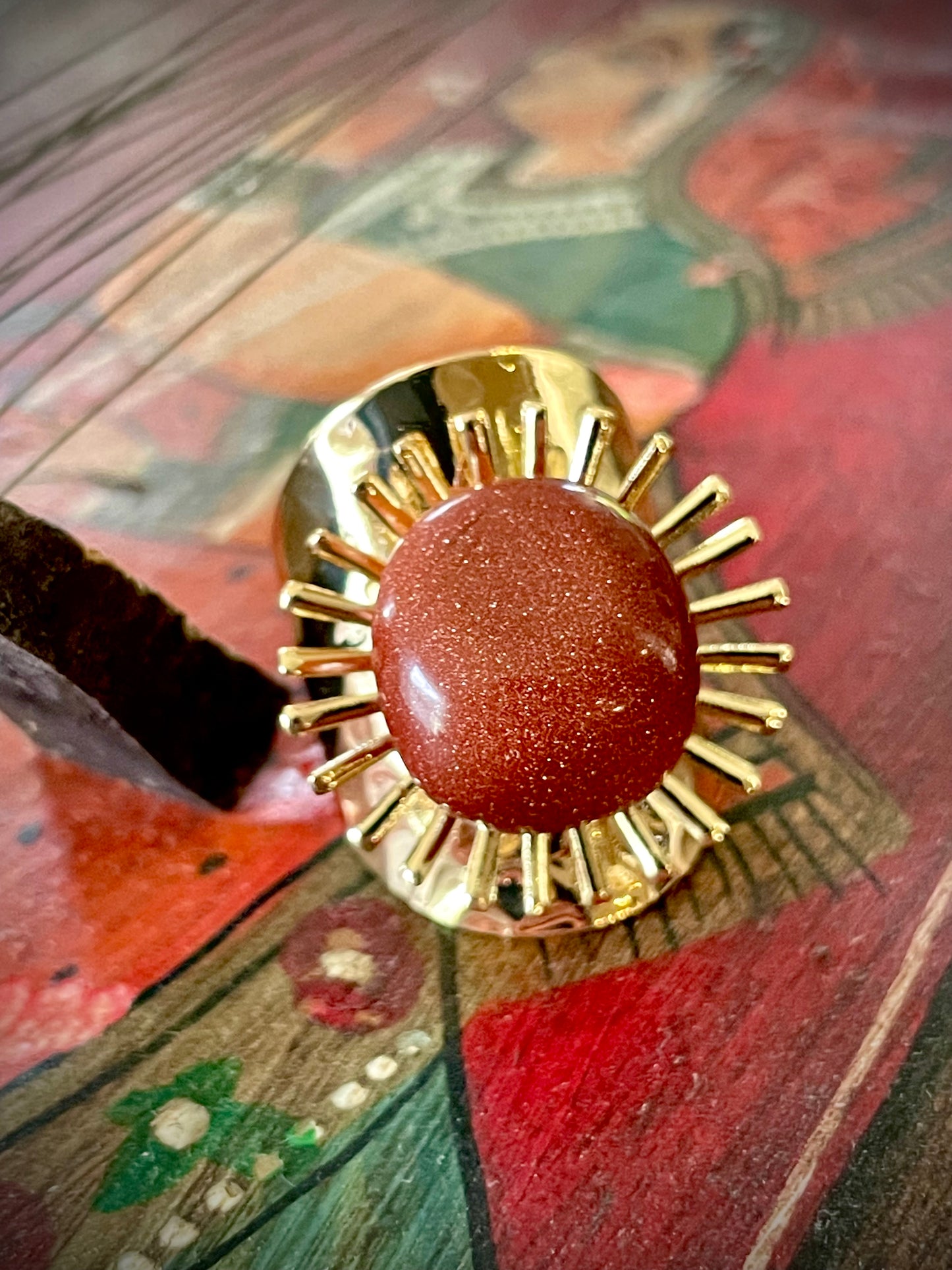 Red Goldstone in Hammered Gold Ring
