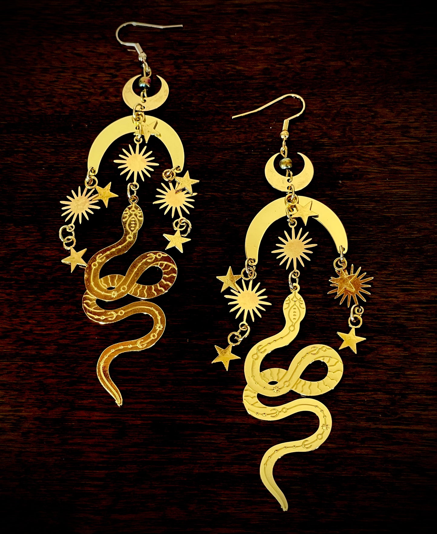 Mystical Star and Snake Crescent Moon Bangle Earrings