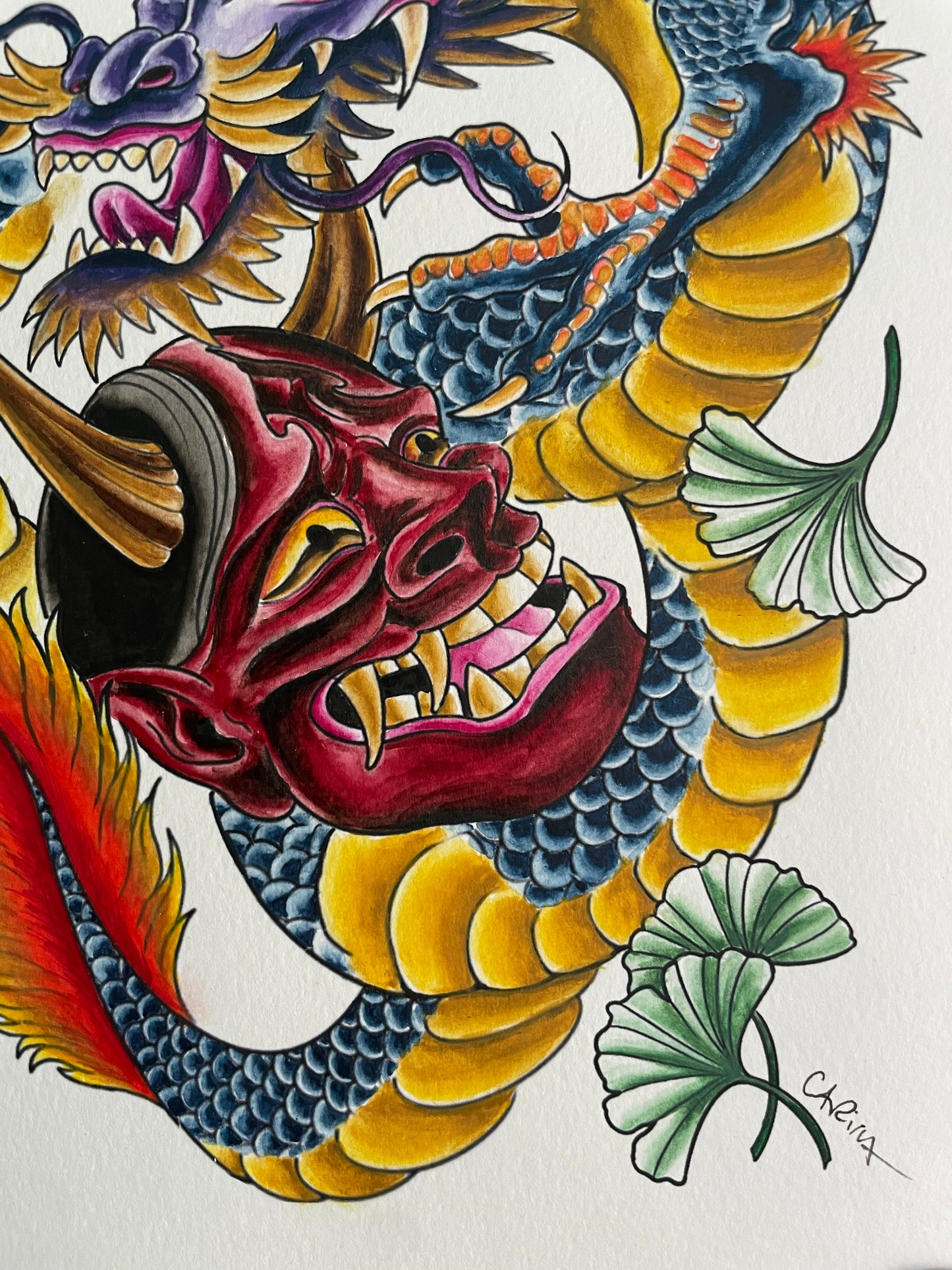 Dragon and Hannya Mask with Ginko Leaves Original Watercolor Painting 9x12