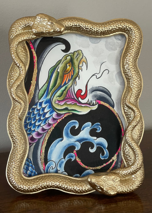 Original mixed media snake painting 5x7 in gold snake frame