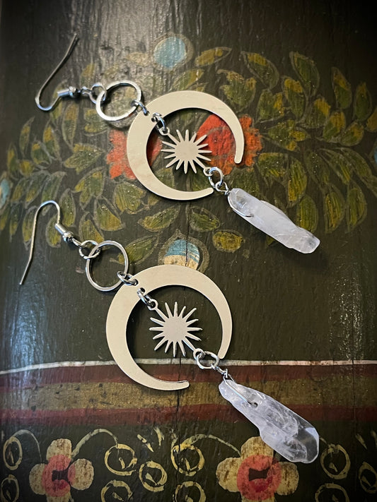 Silver Moon and Star Quartz Earrings