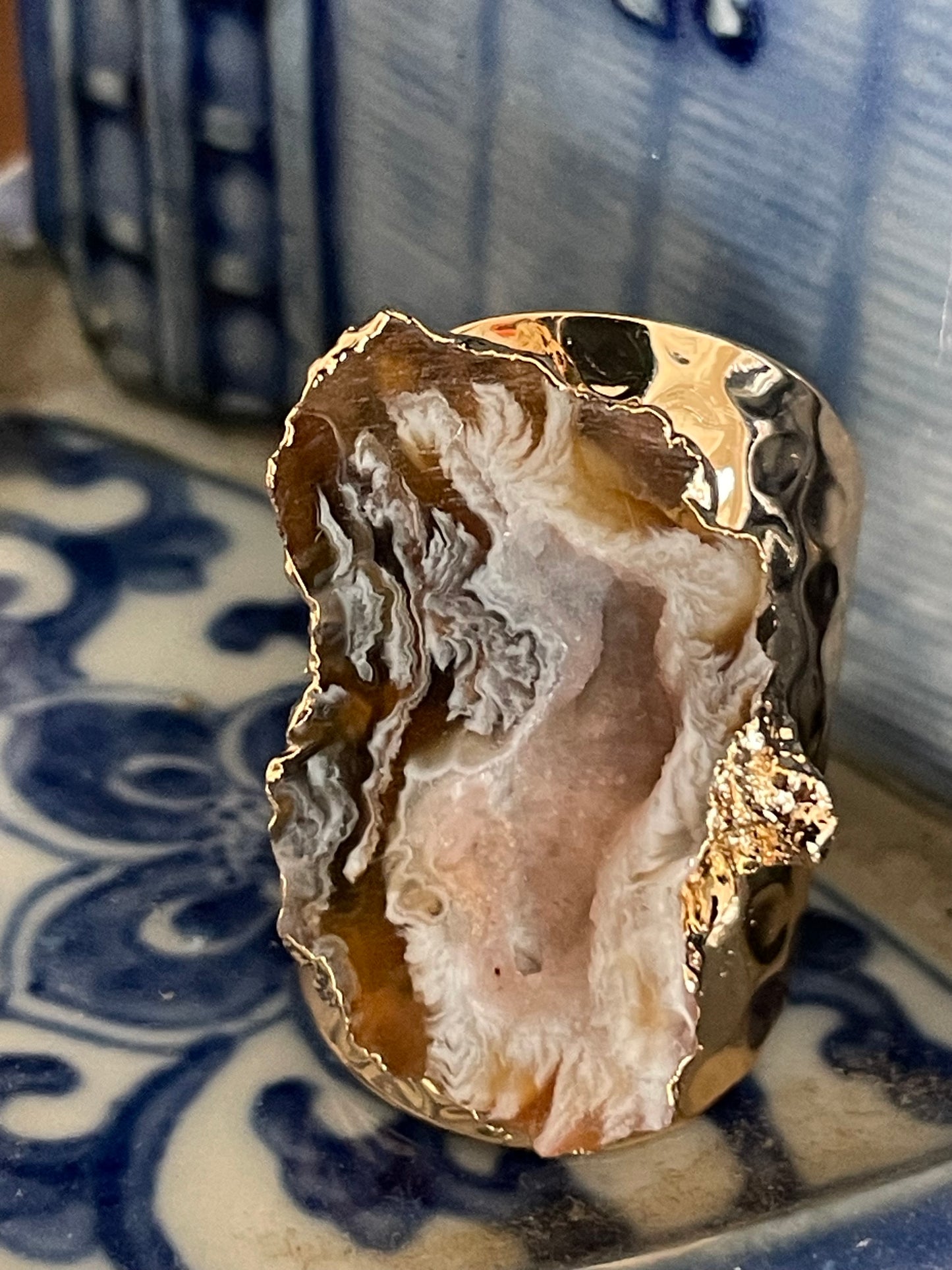 Natural Raw Geode Stone Large Hammered Gold band Ring