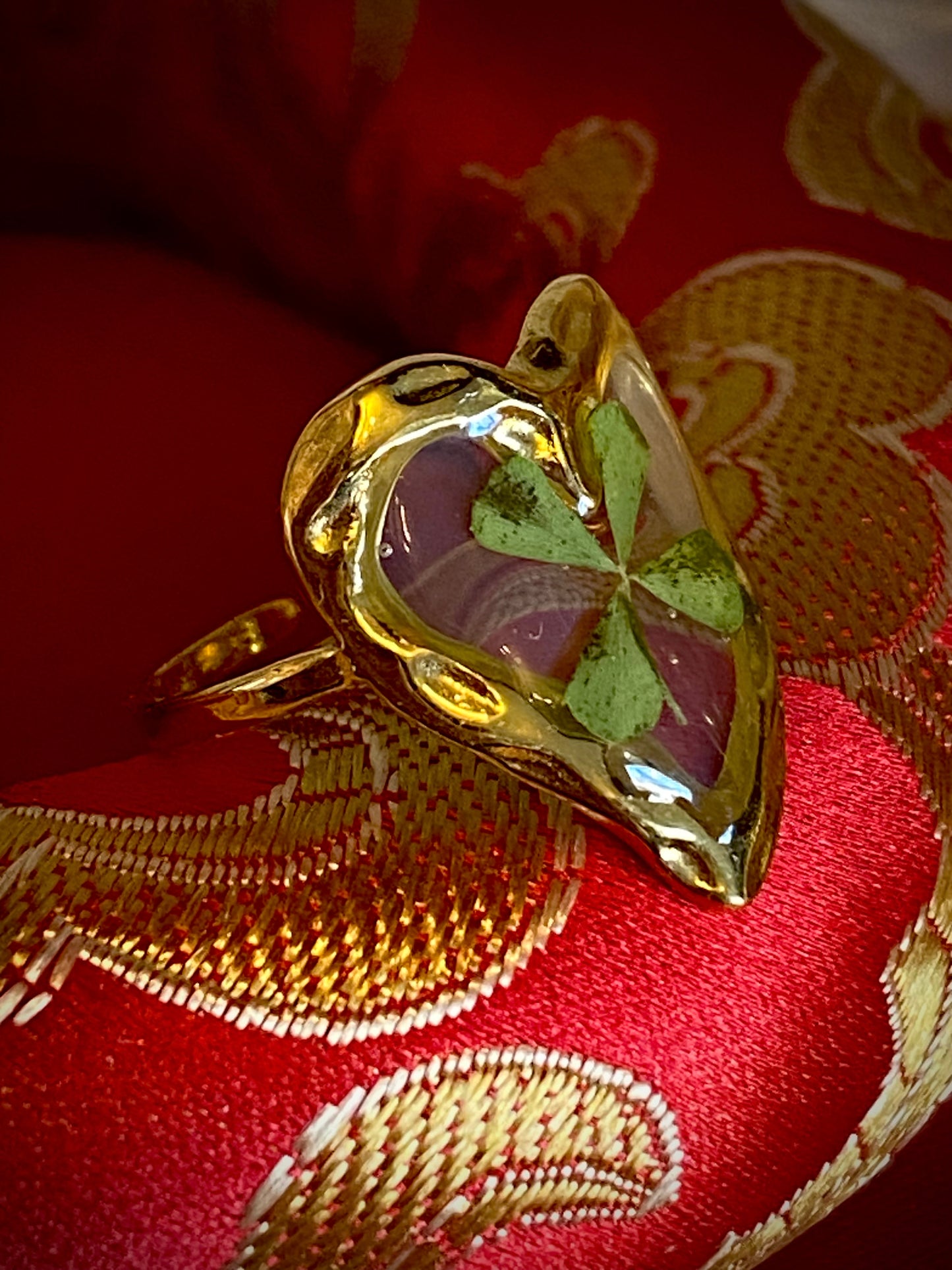 Heart Shaped Four Leaf Clover Ring