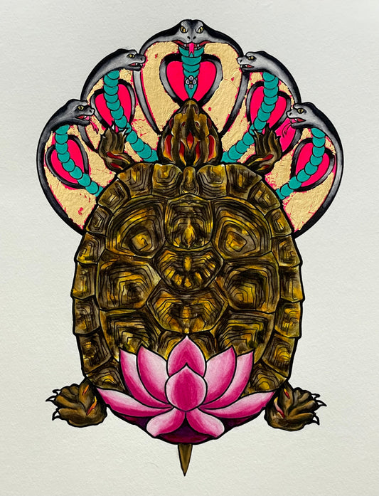 Kurma and Lotus Flower - 9x12 Mixed media with gold leaf on Paper