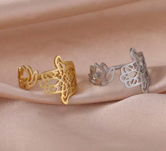 Hamsa & Lotus Flower Ring