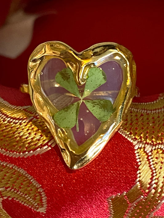 Heart Shaped Four Leaf Clover Ring