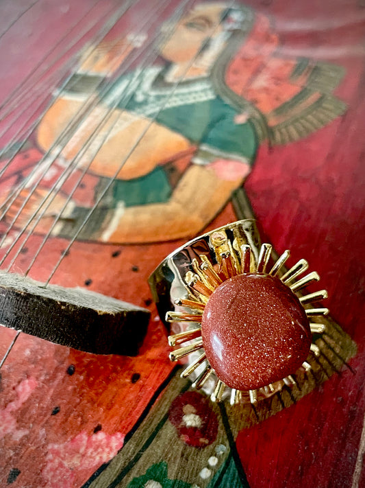 Red Goldstone in Hammered Gold Ring