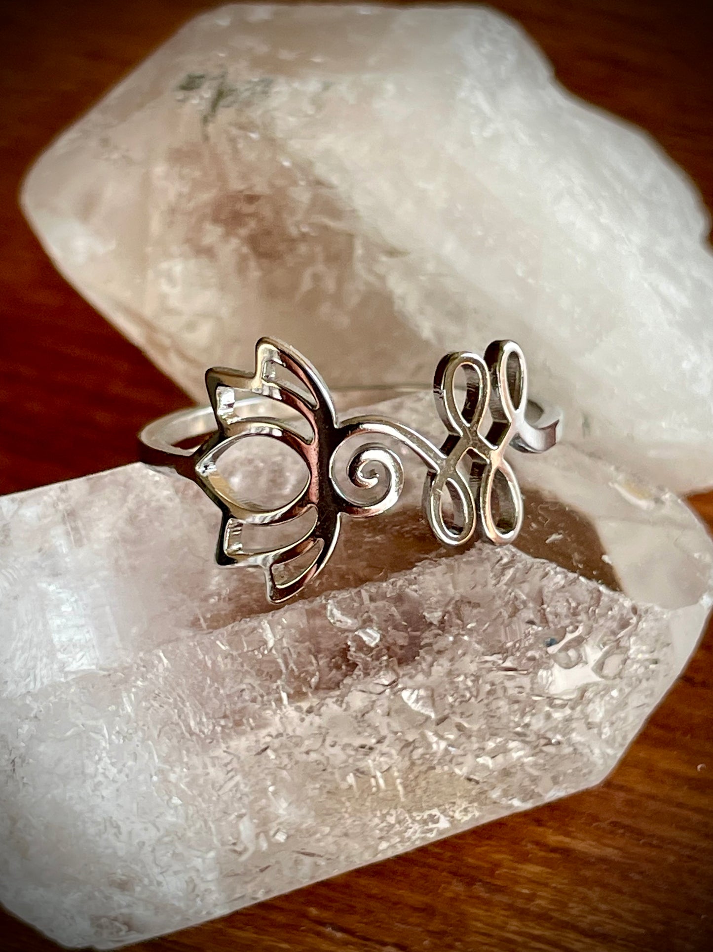 Om Lotus and Unalome Silver Ring
