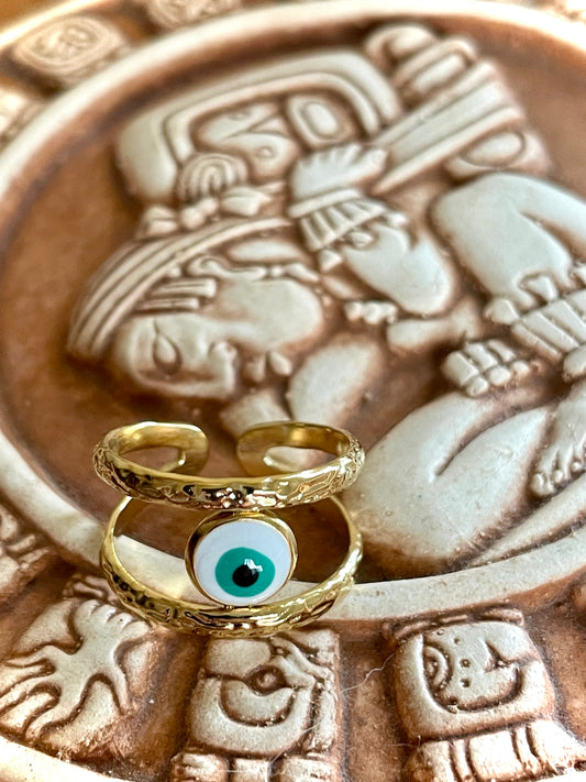 Evil Eye adjustable size stainless steel gold plated ring
