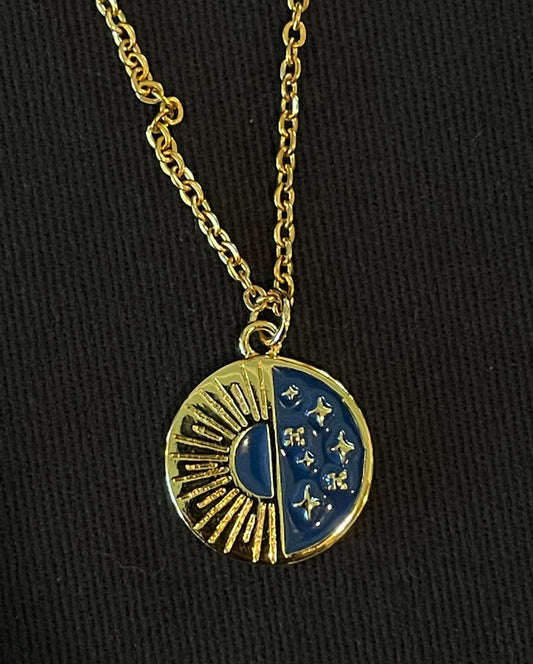 Sun & Stars Blue Enamel & Gold Pendant on Chain