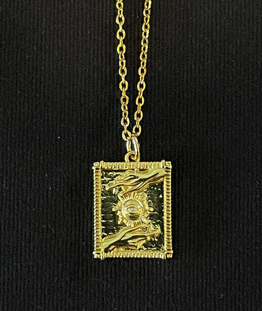 The Sun Tarot Charm with white rhinestone on Gold chain