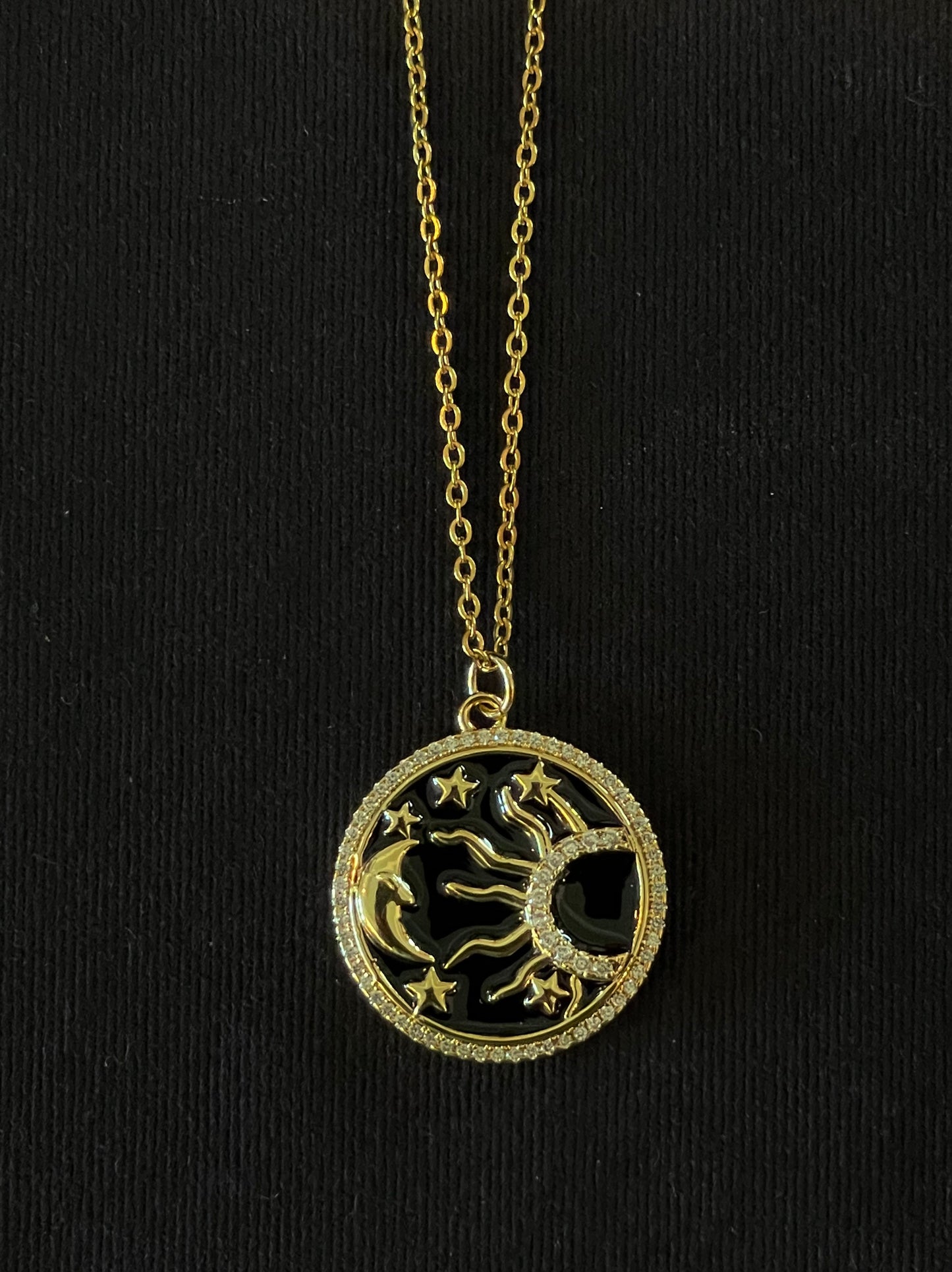 Blk & Gold w/ White Rhinestone Sun, Moon & Stars \ Pendant on Chain