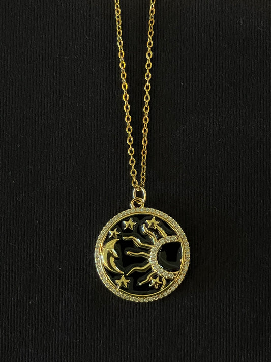 Blk & Gold w/ White Rhinestone Sun, Moon & Stars \ Pendant on Chain