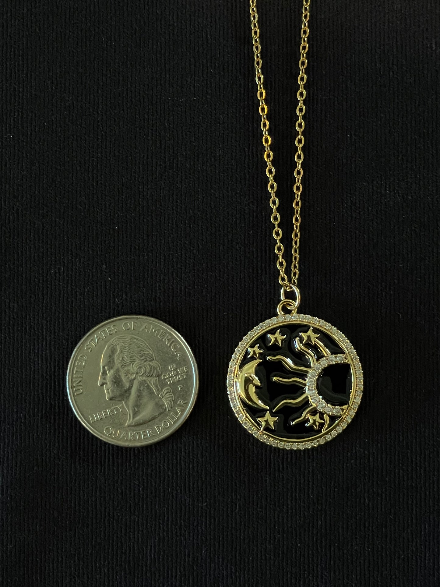 Blk & Gold w/ White Rhinestone Sun, Moon & Stars \ Pendant on Chain